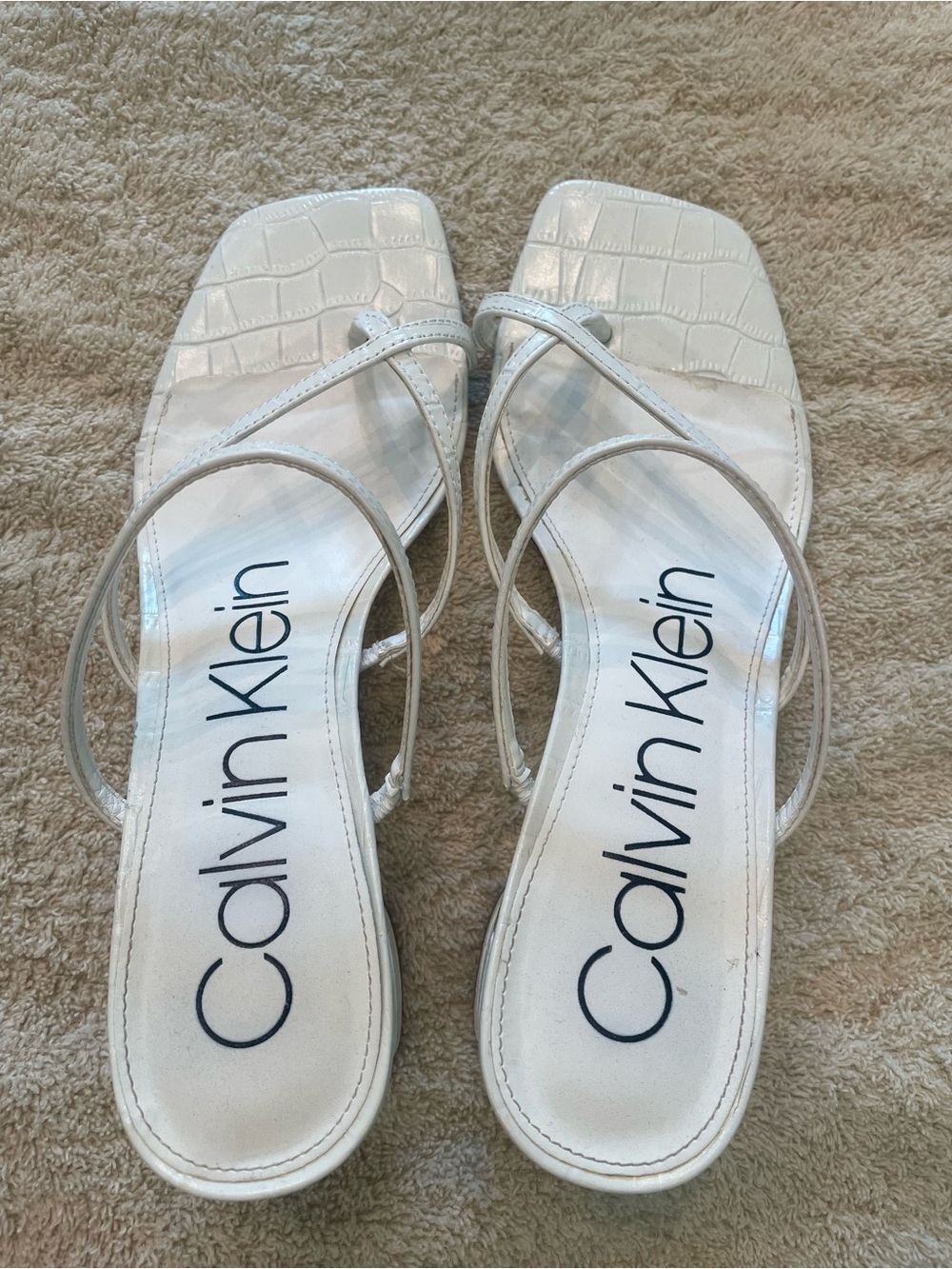 Calvin Klein White Faux-Croc Strappy Square-Toe Heels